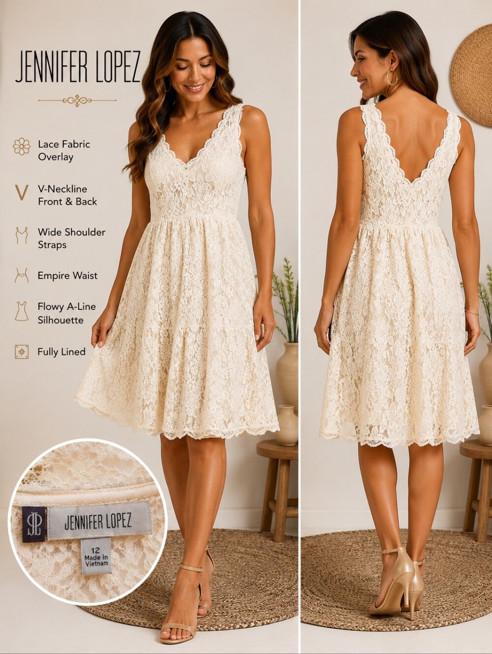Jennifer Lopez JLO Ivory Lace V-Neck A-Line Fit & Flare Dress Size 12